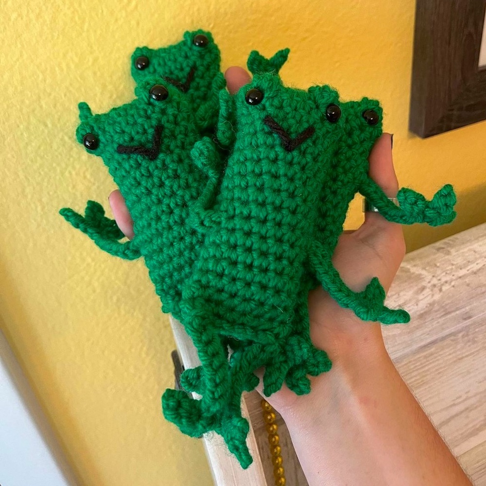 Handmade crochet silly frogs